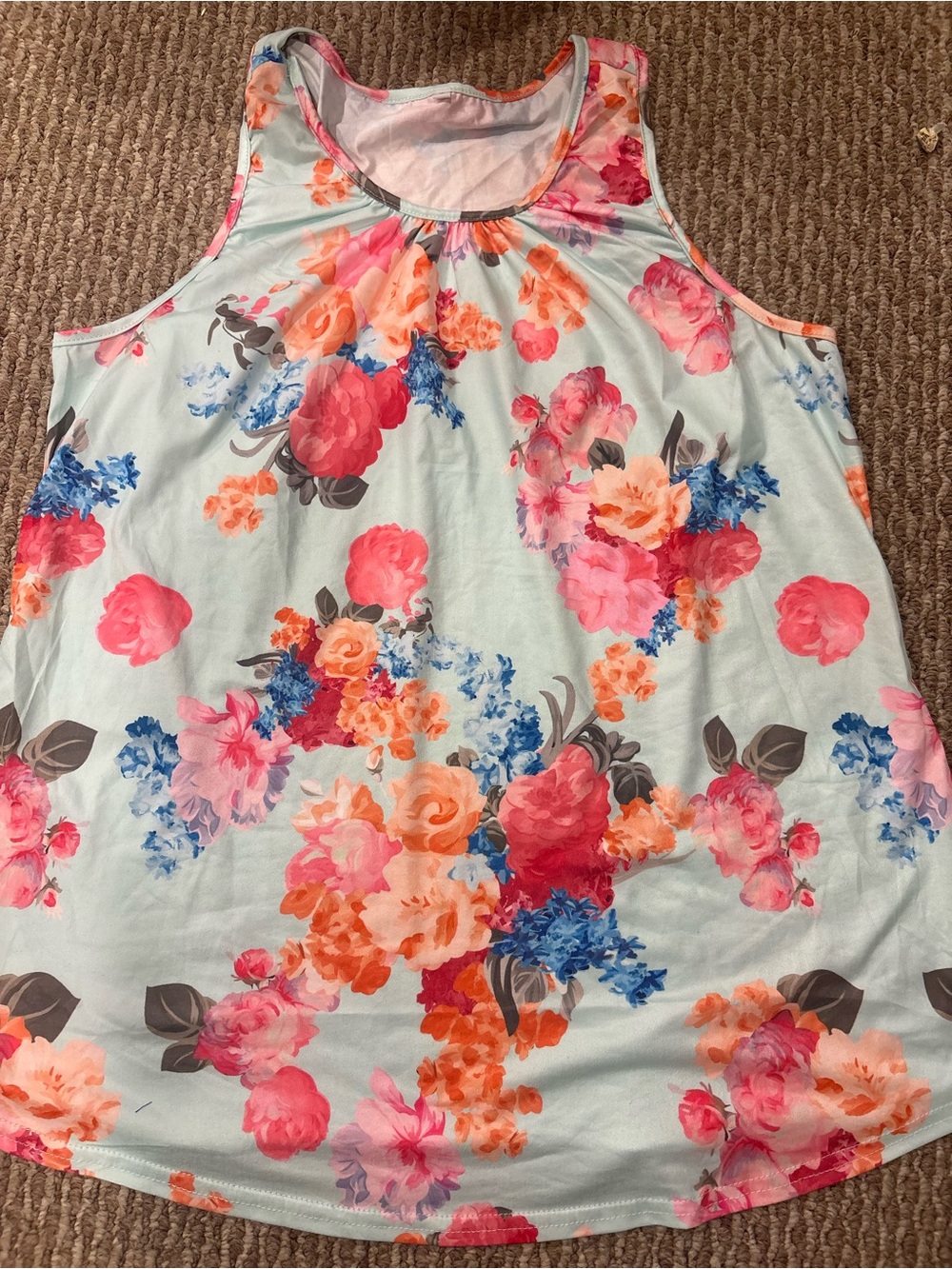 Amazon Floral Scoop Neck Tank Top - Light Blue with Pink & Coral Blossoms